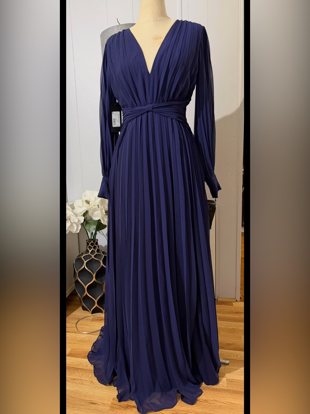 Guess by Marciano Navy Long Sleeve Pleated Maxi Dress